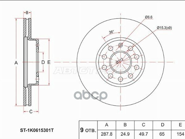 Диск тормозной (Перед) Audi A3 03-19 / Skoda Octavia 04-20 / Volkswagen Golf 03-19 / Jetta 05- / Aud Sat арт. ST-1K0615301T