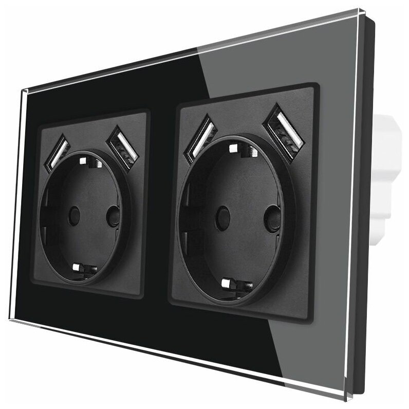 Розетка двойная с портами 4 x USB EU, 16А 250В, со шторками, рамка закаленное стекло, цвет чёрный - фотография № 1
