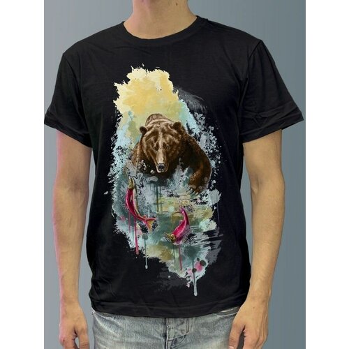 фото Футболка мужская черная из хлопка с dtf рисунком рыбалка - 692 будь на стиле