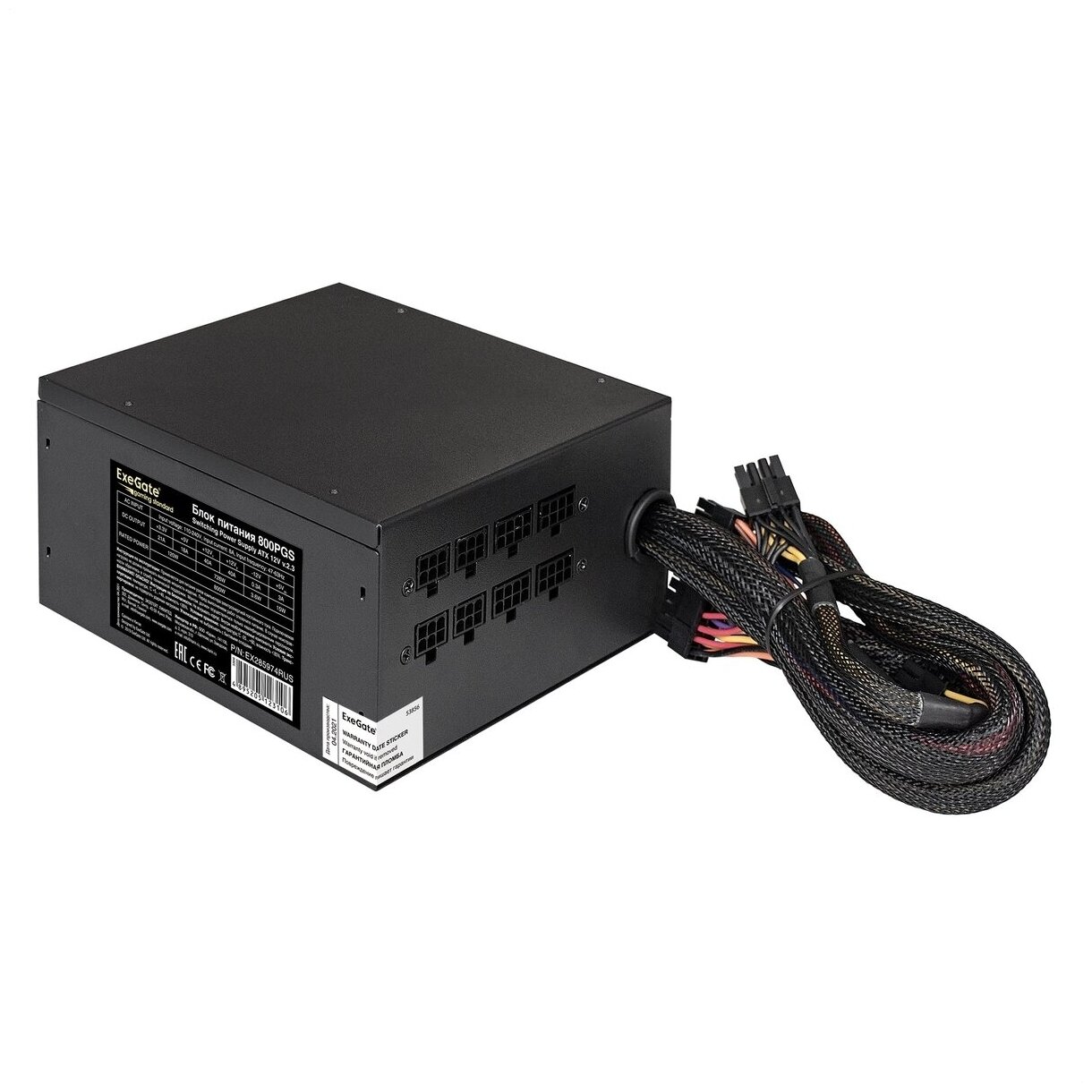 Блок питания 800W ExeGate Gaming Standard 800PGS (ATX, APFC, КПД 80% (80 PLUS), 14cm fan, 24pin, 2x(4+4)pin, 6xPCI-E, 8xSATA, 4xIDE, Cable Management, black, RTL) EX285974RUS