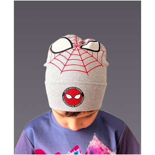 Шапка детская с принтом Человек паук (светло-серая, 54 размер)