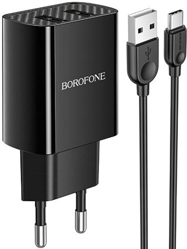Сетевой адаптер питания Borofone BA53A Powerway Black зарядка 2.1А 2 USB-порта + кабель USB-C, черный