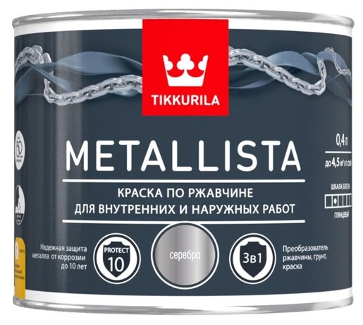 Tikkurila Metallista,Специальная атмосферостойкая краска по ржавчине для внутренних и наружных работ,Серебряная,0,4л