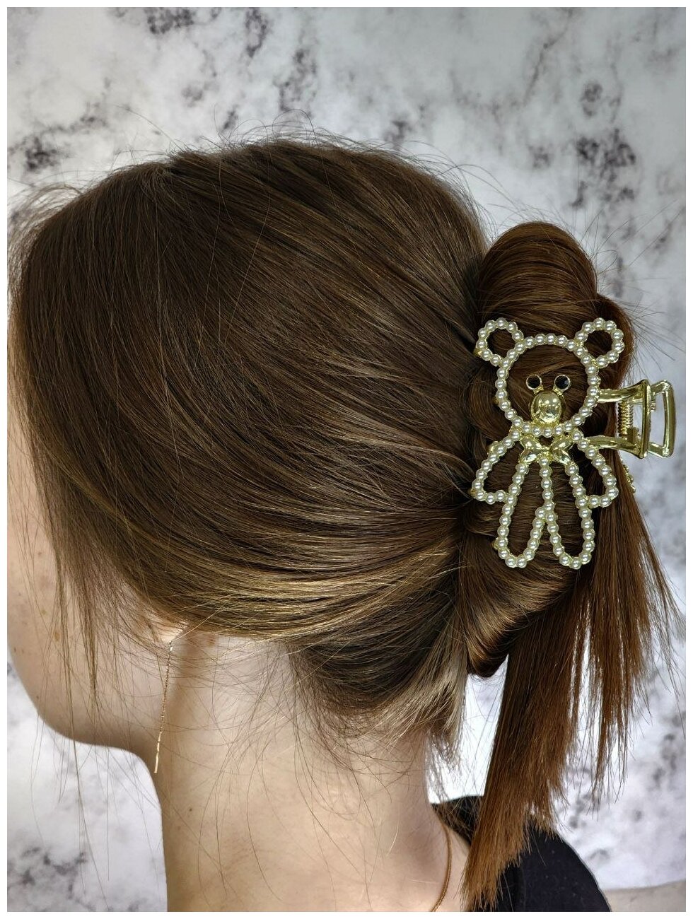 Заколка крабик для волос Медвежонок метал золотой с бусинками — фото 1