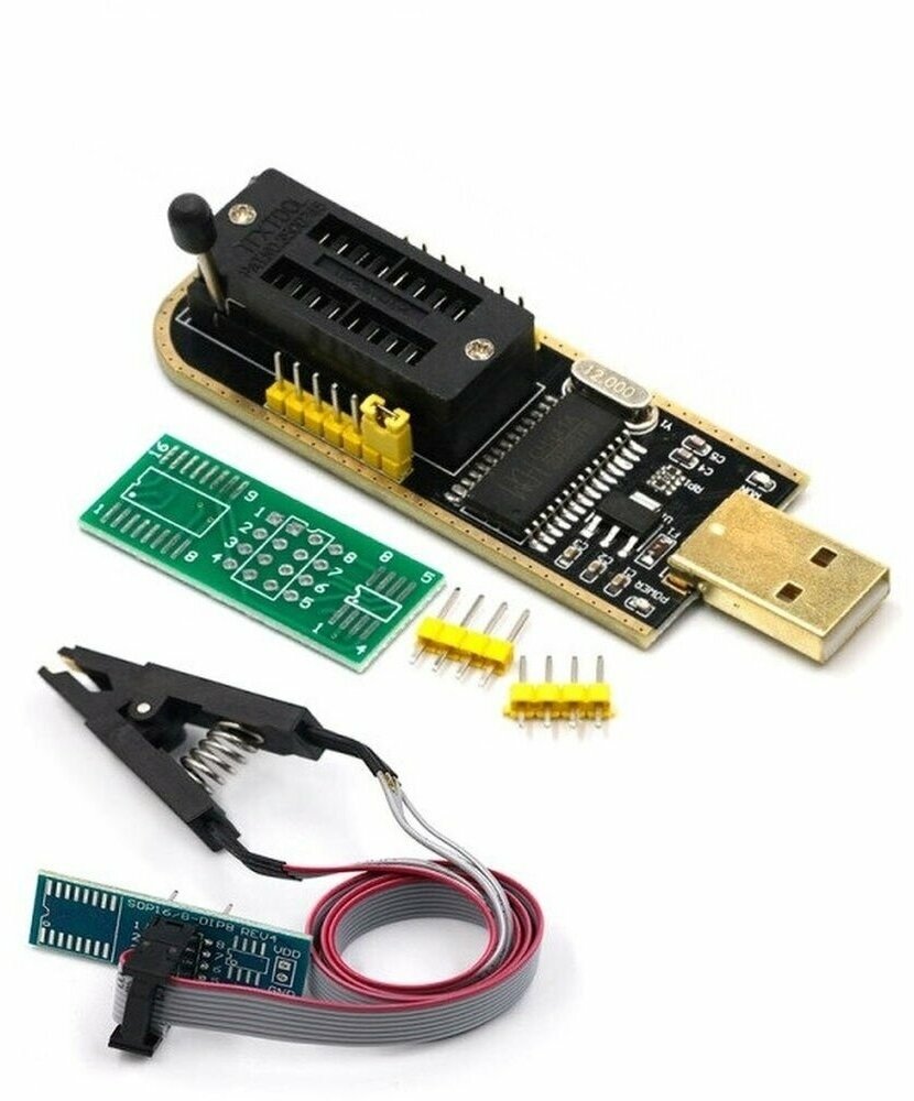 USB программатор CH341A для 24-25 серий + Зажим (прищепка) SOIC8 SOP8 DIP8 (комплект)