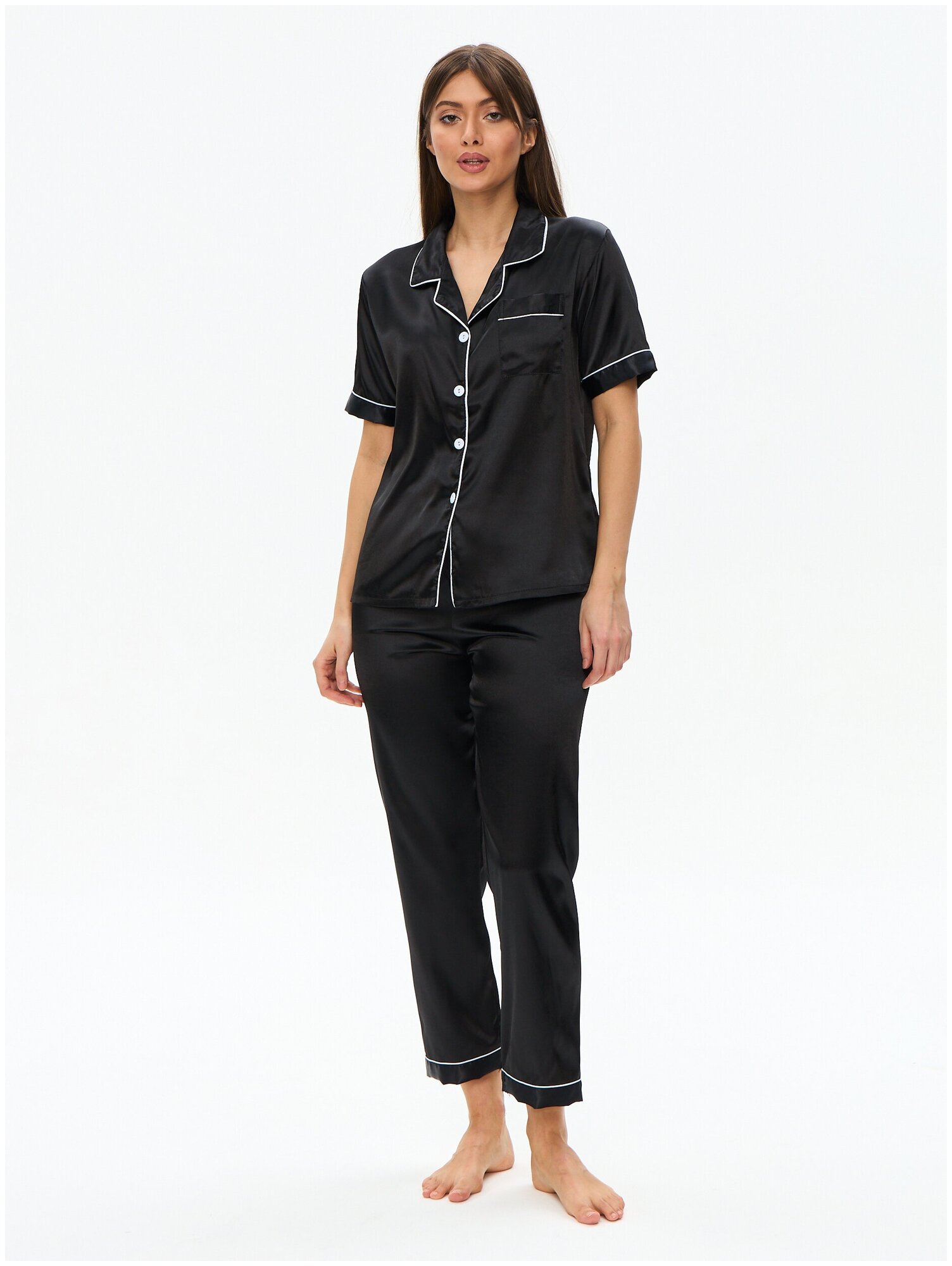 Пижама женская с брюками и рубашкой для сна, шелковая , атласная , домашняя одежда черная 44/ L размер - фотография № 3