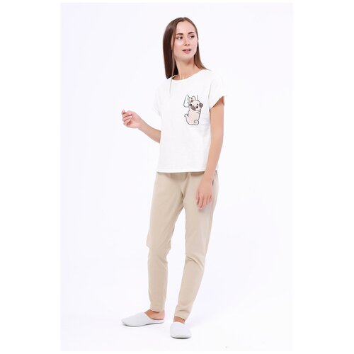 Пижама Неженка, брюки, футболка, застежка отсутствует, короткий рукав, без карманов, пояс на резинке, трикотажная, размер 52, бежевый, коричневый