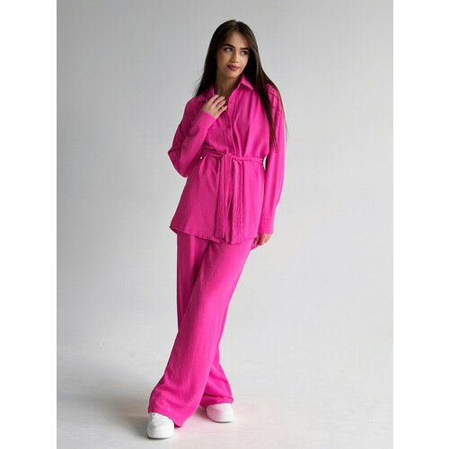 Костюм, рубашка и брюки, повседневный стиль, свободный силуэт, пояс/ремень, пояс на резинке, размер 42, розовый