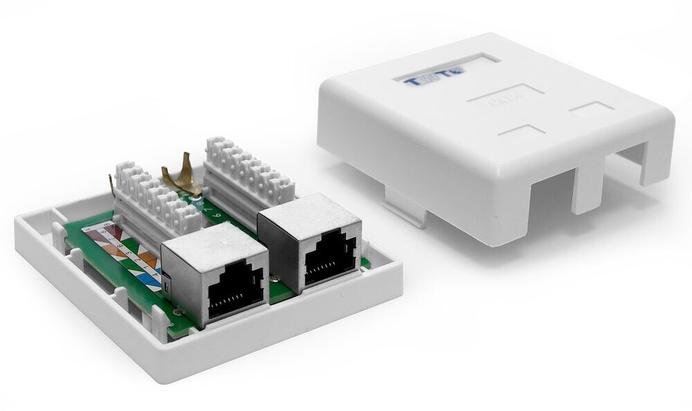 Розетка настенная, 2 порта RJ-45, категория 6, экранированная, белая, TWT-SM2-4545/S6-WH