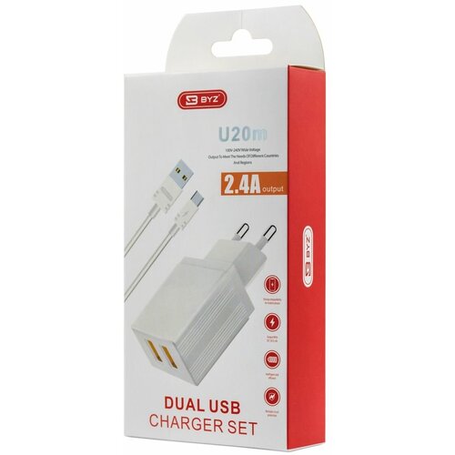 Сетевое ЗУ BYZ U20 EU, 2хUSB-А, 2.4А + кабель (AM-microBM), 1 м, белый сетевое зу borofone ba39a qc3 0 2хusb а 3а кабель am microbm 1 м белый