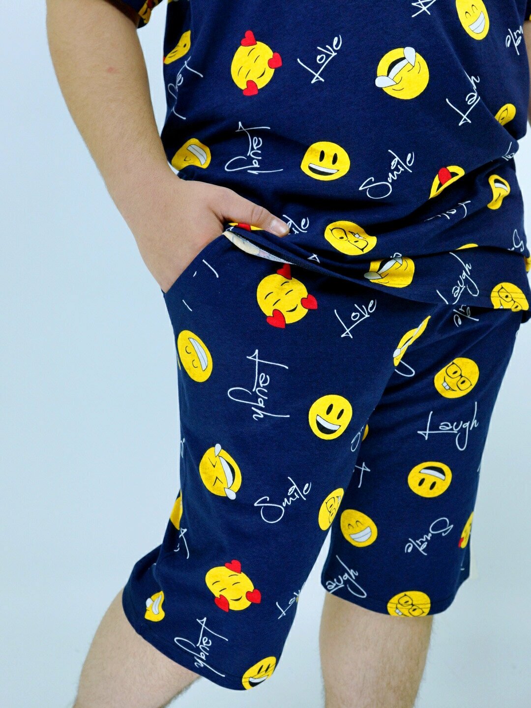 Мужская пижама, мужской пижамный комплект ARISTARHOV, Футболка + Шорты, Смайлик, желтый синий, размер 62 - фотография № 5