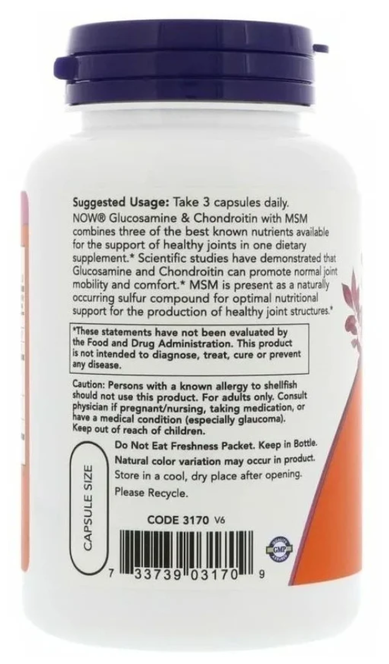 Препарат для укрепления связок и суставов Глюкозамин NOW Glucosamine & Chondroitin with MSM, 90 шт. — фото 1
