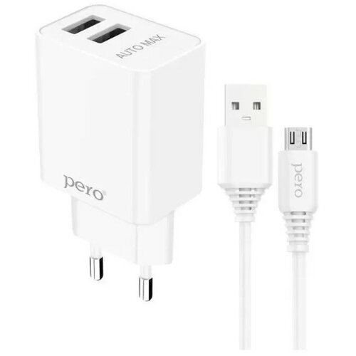 Сетевое зарядное устройство PERO TC02, 2 USB, 2.1 А, кабель microUSB, белое сетевое зарядное устройство byz u26 2 usb 2 4 а кабель microusb 1 м белое