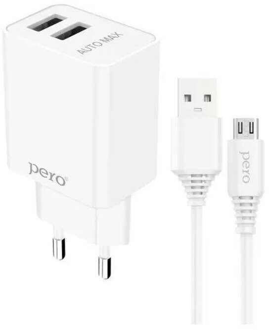 PERO Сетевое зарядное устройство PERO TC02, 2 USB, 2.1 А, кабель microUSB, белое