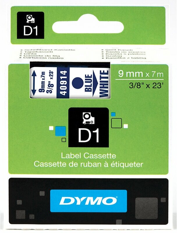 Картридж Dymo, с виниловой лентой, пластик, голубой шрифт, 9 мм х 7 м Белый