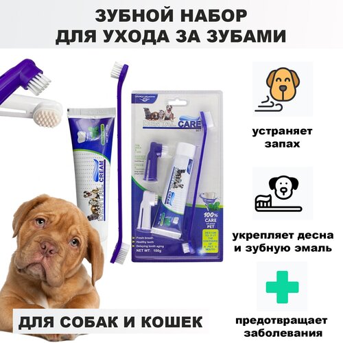 Набор для чистки, зубная паста щетка для собак, вкус говядина (100 мл.) + щетки