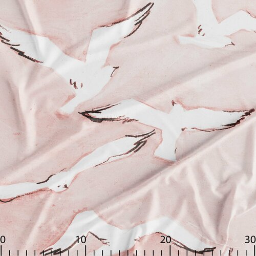 Ткань для шитья бифлекс с дизайнерским принтом Лебеди на розовом, купон 100х150 см, плотность 235 г. м2
