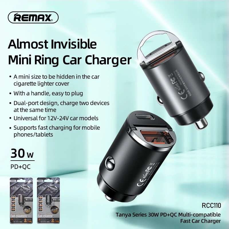 Автомобильное зарядное устройство Remax RCC110, 30Вт, PD+QC, универсальное, 2 разъема, быстрая зарядка — фото 1