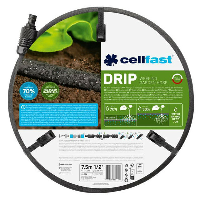 Шланг сочащийся CELLFAST  Drip   диаметр  1 2   длина  7 5 м  максимальное давление  3 Бар