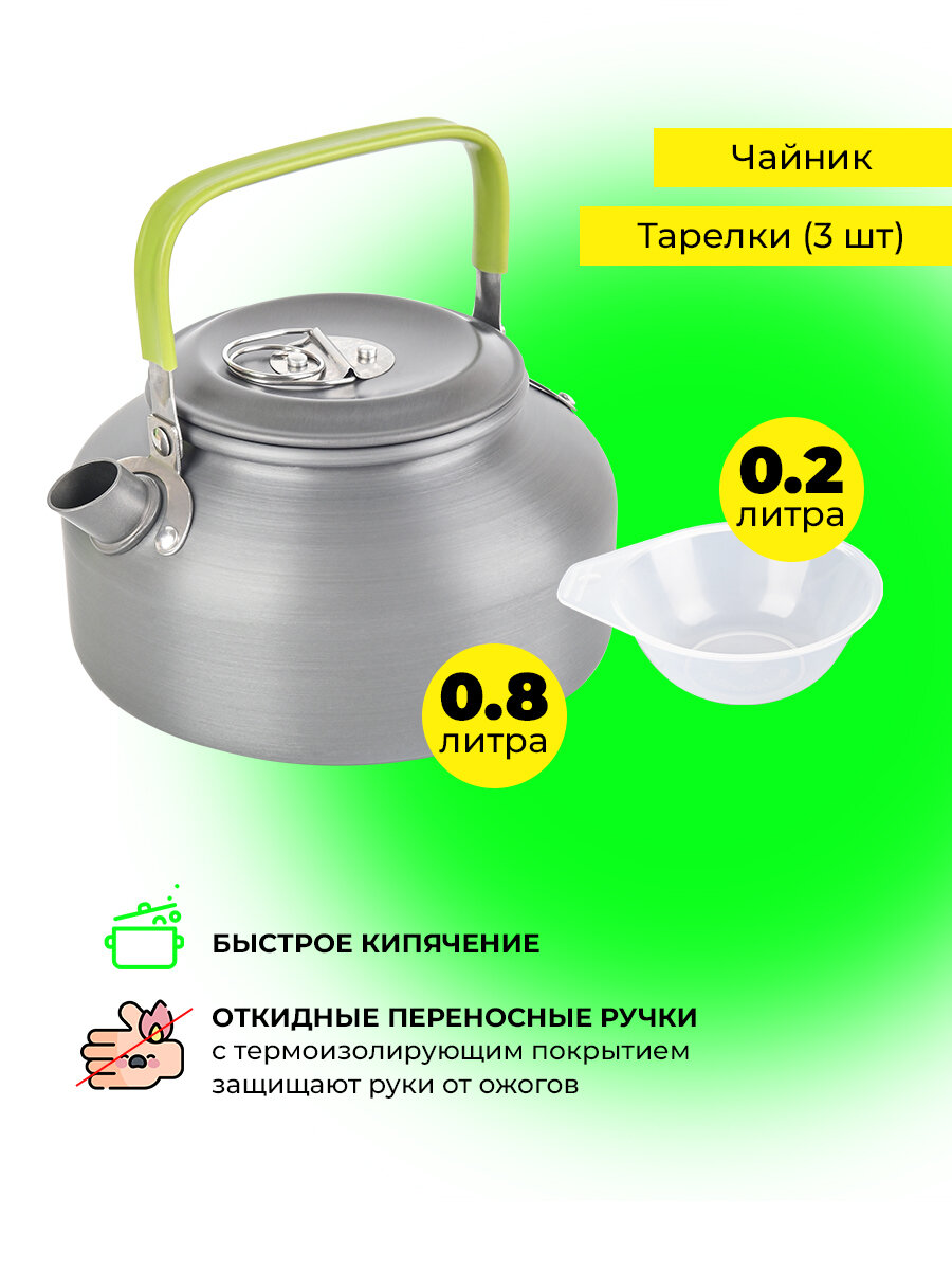 Набор туристической посуды из анодированного алюминия для путешествий , рыбалки и отдыха , чайник походный,13 предметов — фото 1
