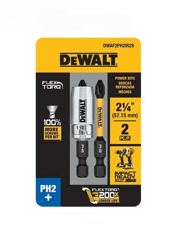 Набор бит DeWALT DWAF2PH2IR2S FLEXTORQ, c магнитным держателем, 2 биты PH2, 57 мм — фото 1