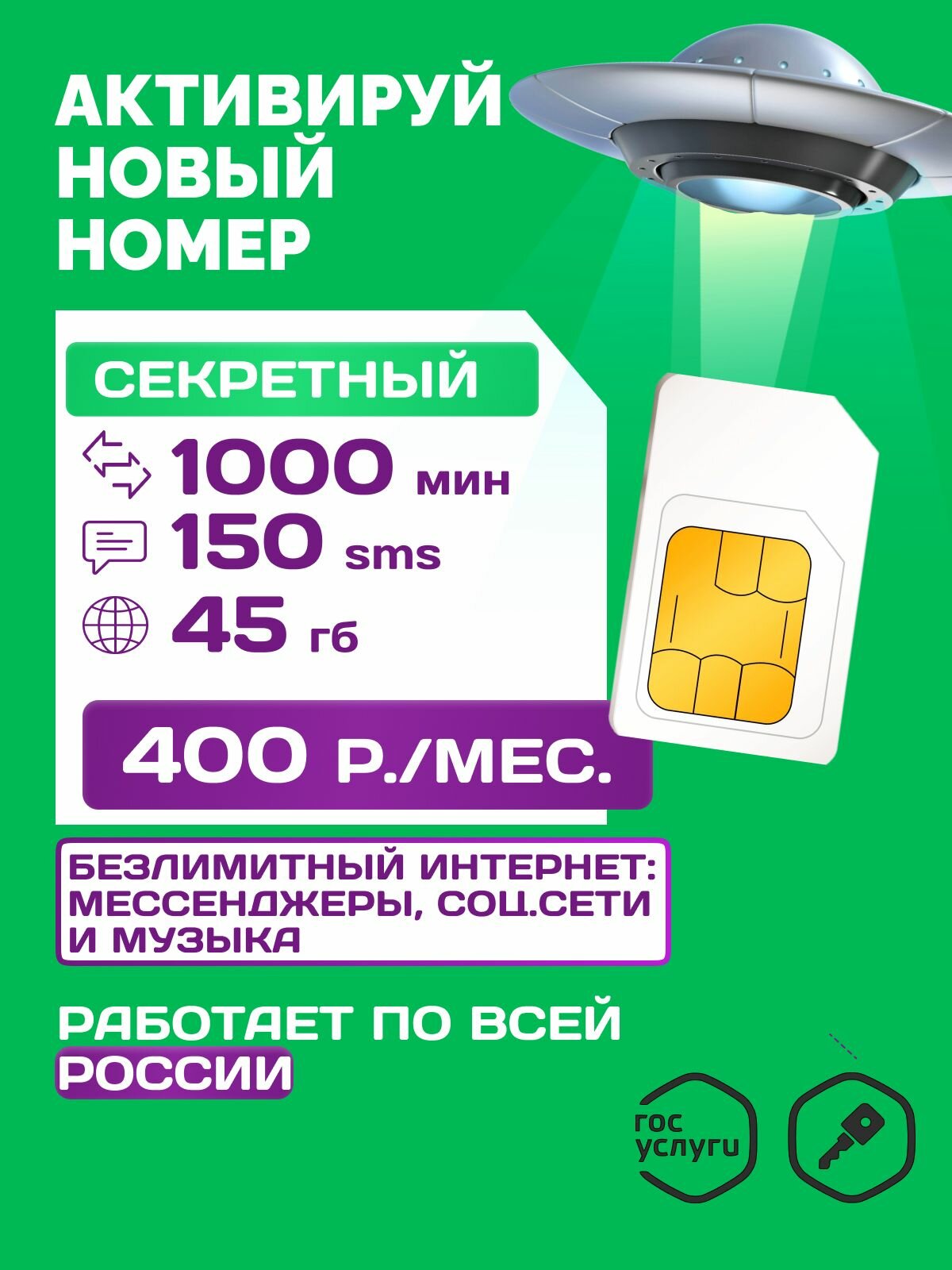 Sim-карта МегаФон новый номер 45 ГБ/1000 минут/150 sms 400р./мес. Действует по всей России.