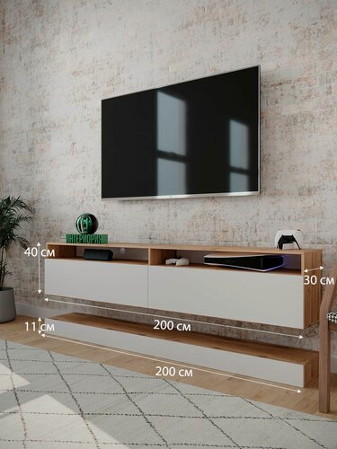 Изображение товара Тумба под телевизор подвесная Интериория, с подсветкой, 200х30х40 см Дуб Крафт золотой/Белый
