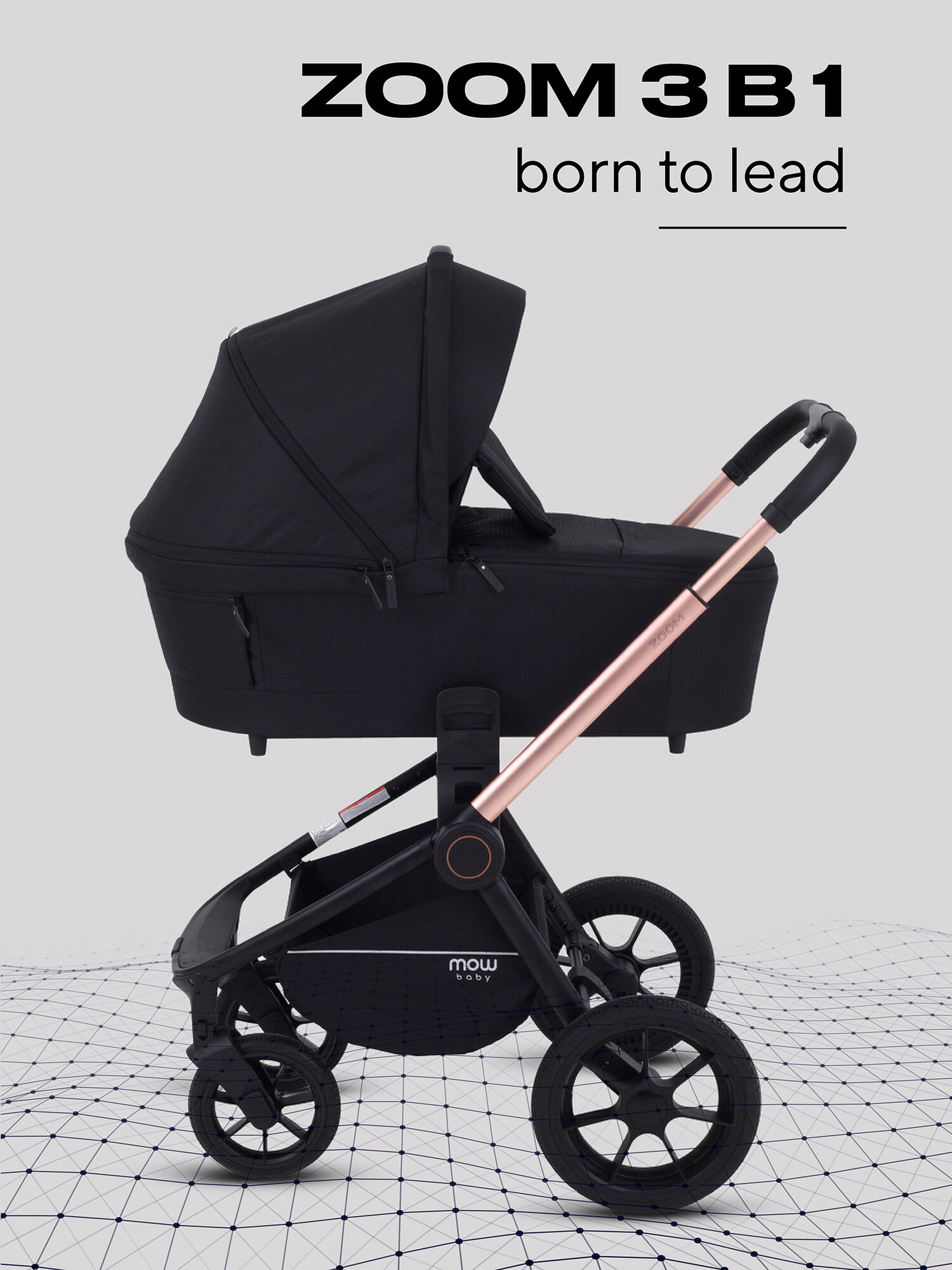 Коляска детская универсальная MOWBaby Zoom 3в1 RA087, реверсивный прогулочный блок Gold Black