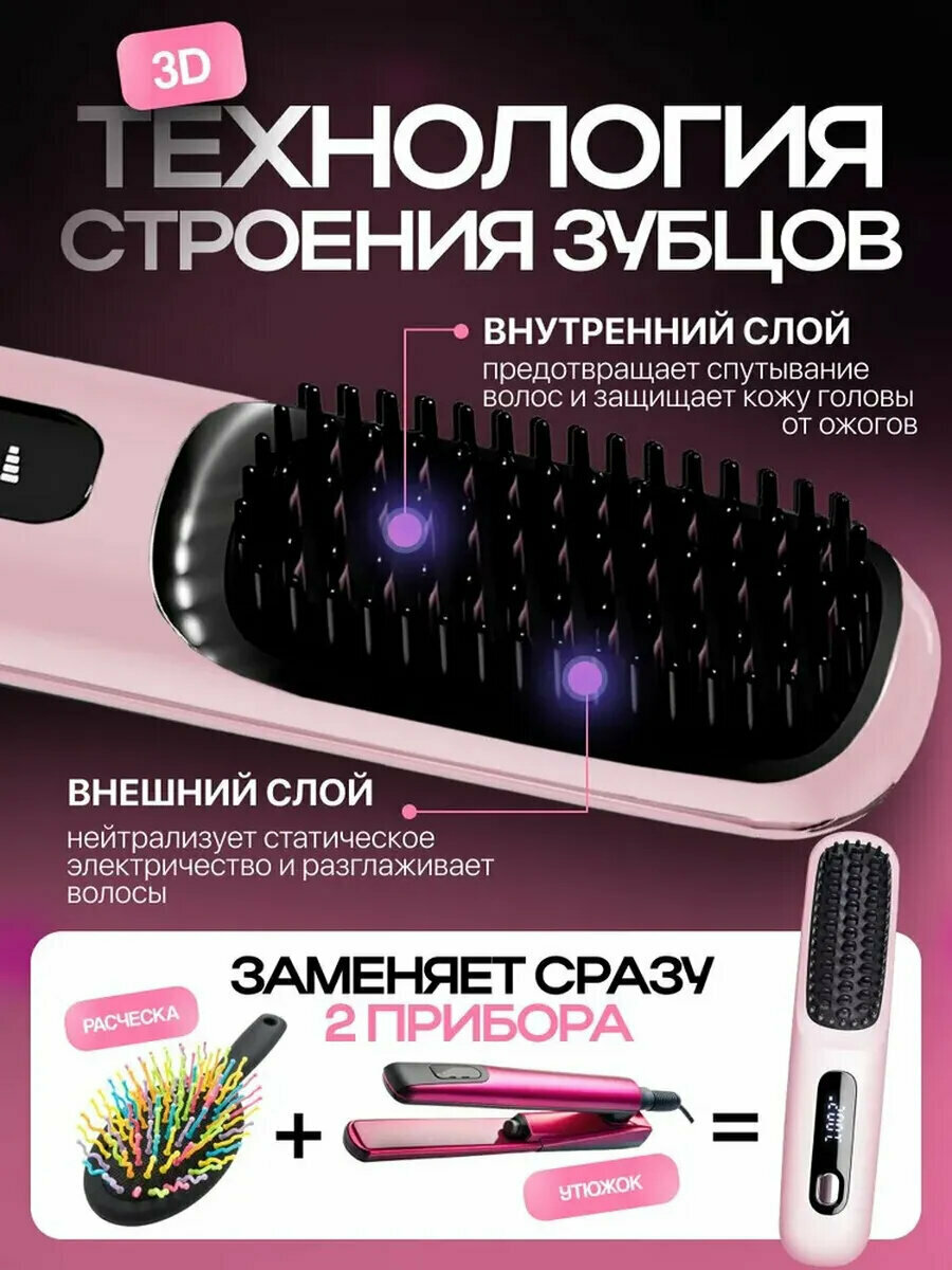 Изображение Расческа-выпрямитель беспроводная Xiaomi, нагрев до 200 °C, керамическая решетка