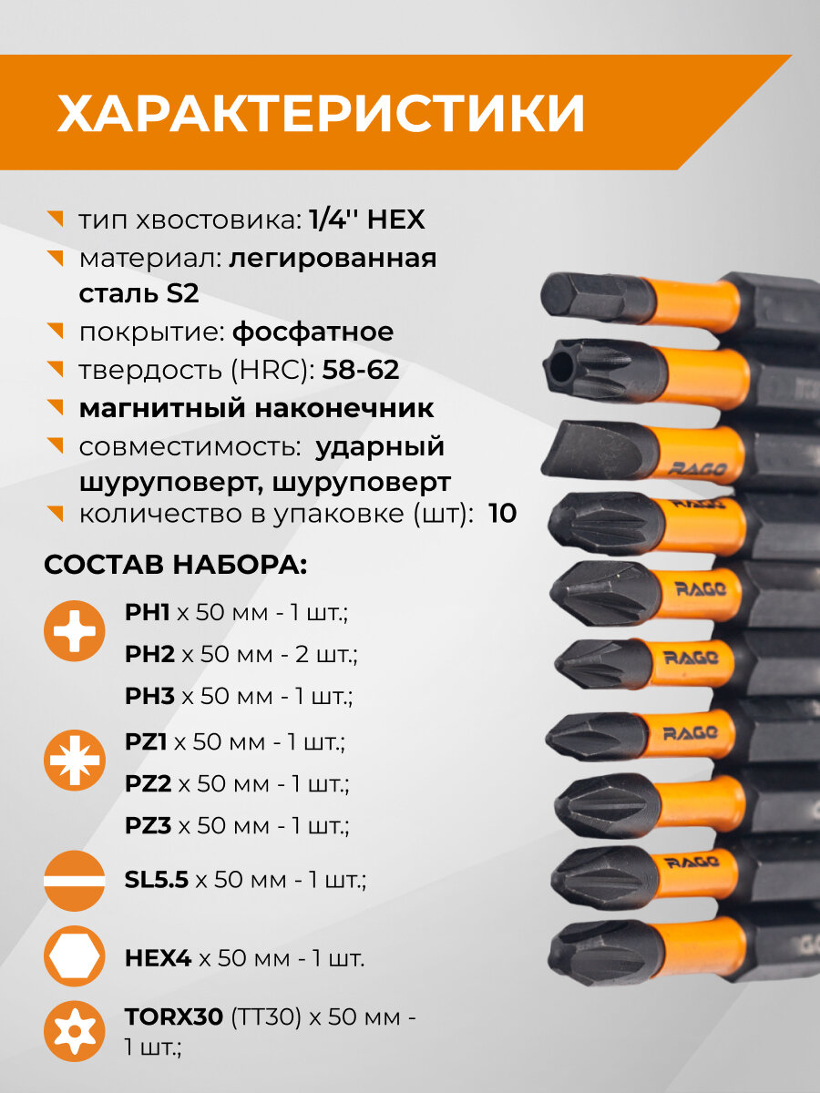 Набор бит торсионных IMPACT PH PZ SL HEX TORX x 50 мм 10 шт RAGE by VIRA — фото 1