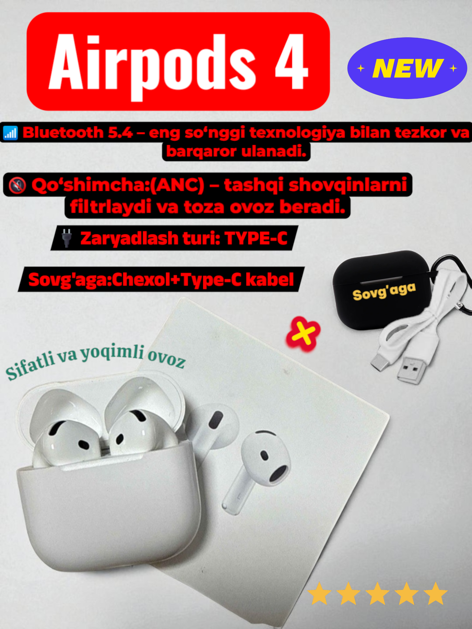 Наушники AirPods 4, ANC – активное шумоподавление, чистый и качественный звук.(TYPE-C)