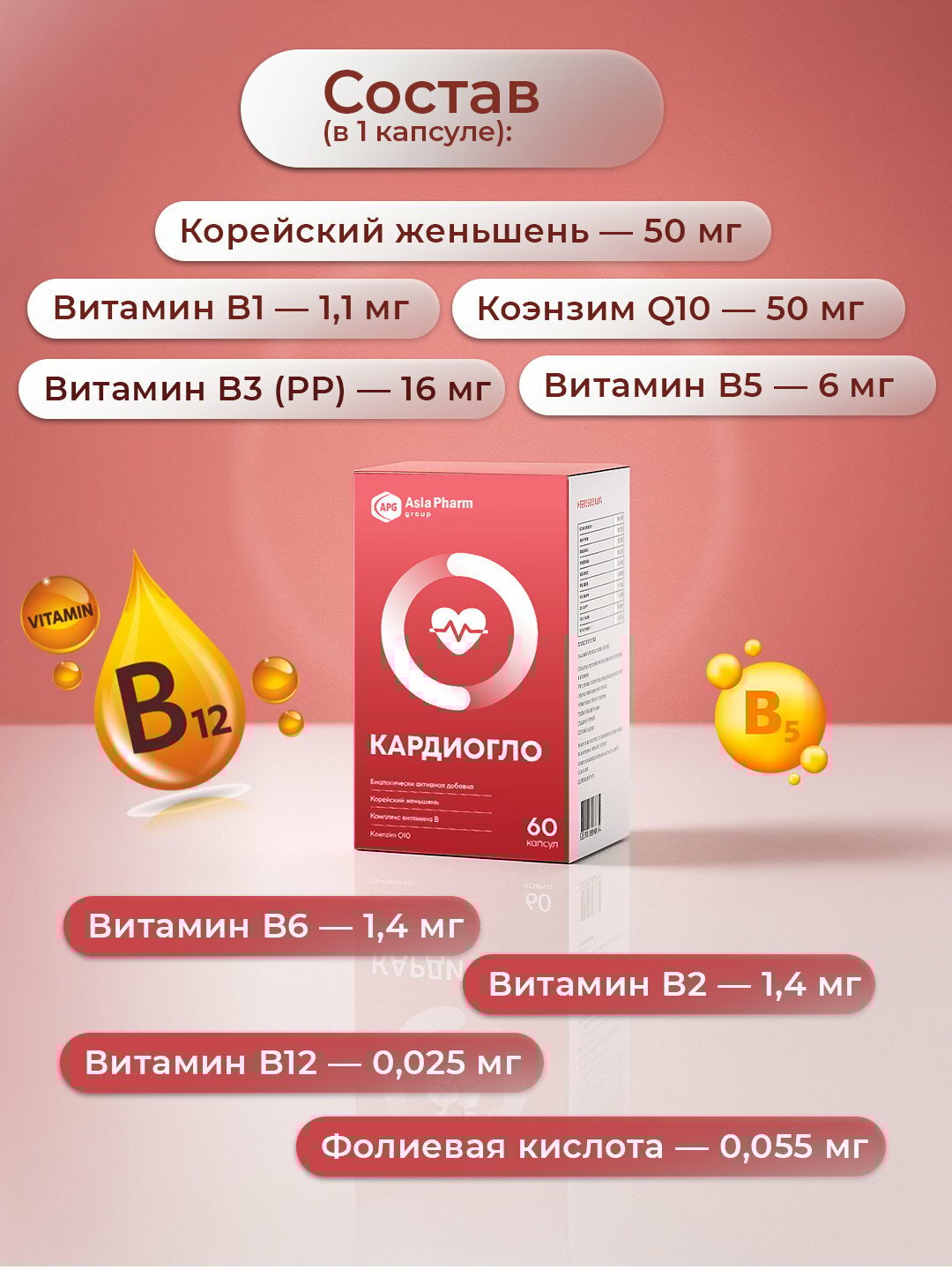 Кардиогло, коэнзим Q10, женьшень и витамины группы B для сердца, 30 капсул — фото 1