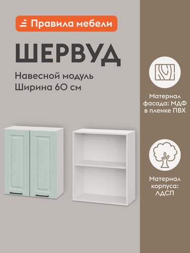 Изображение товара Кухонный модуль навесной, шкаф Шервуд с доводчиками, с полками, 60х29.6х72 см, Белый / Деним голубой