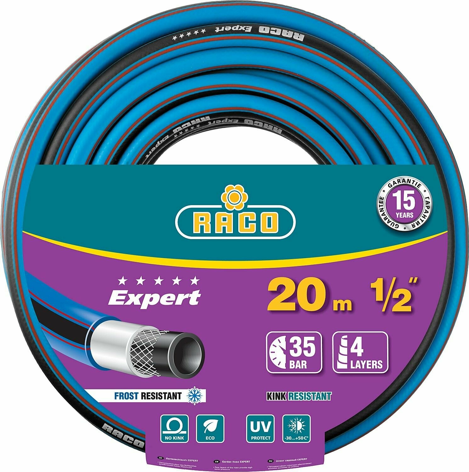 RACO EXPERT, 1/2 , 20 м, 35 атм, четырёхслойный, армированный, поливочный шланг (40302-1/2-20)