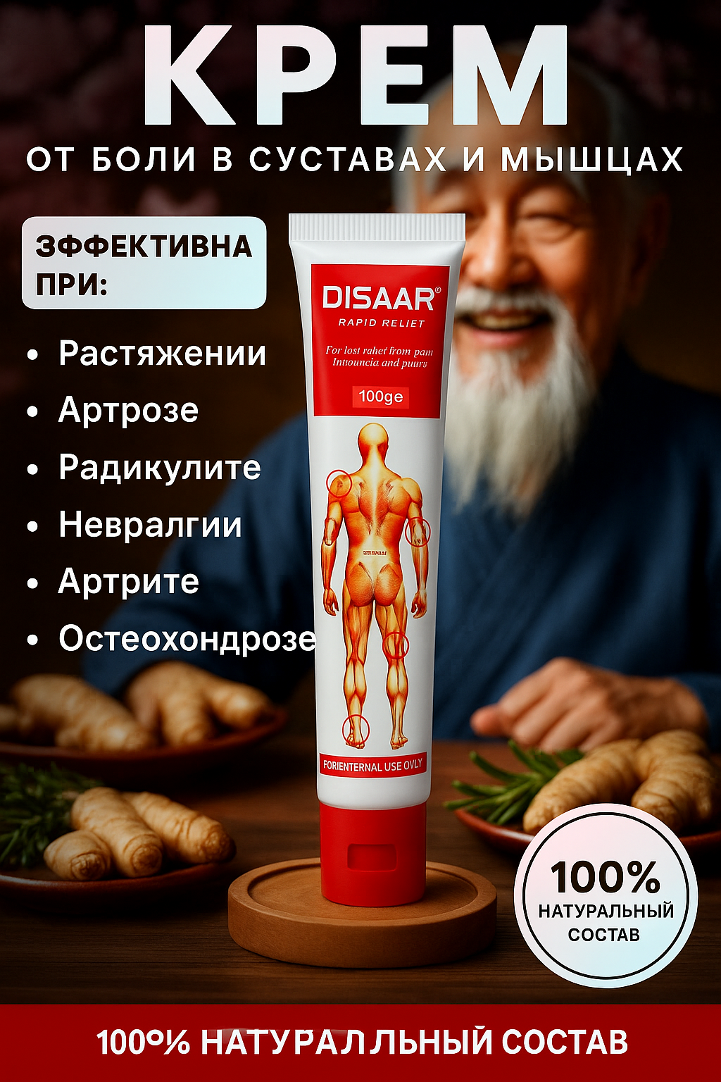 Массажный крем Disaar, 100 г , мазь бальзам с обезболивающий, массажный разогревающим эффектом