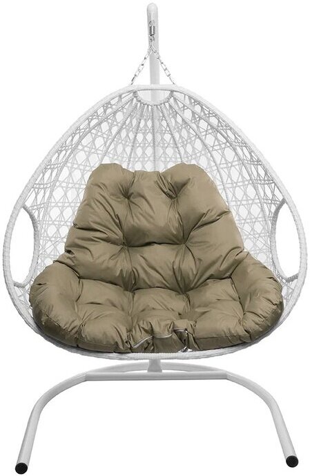 Подвесное кресло для двоих Люкс белое с ротангом  бежевая подушка  Ш Г В  120 120 193