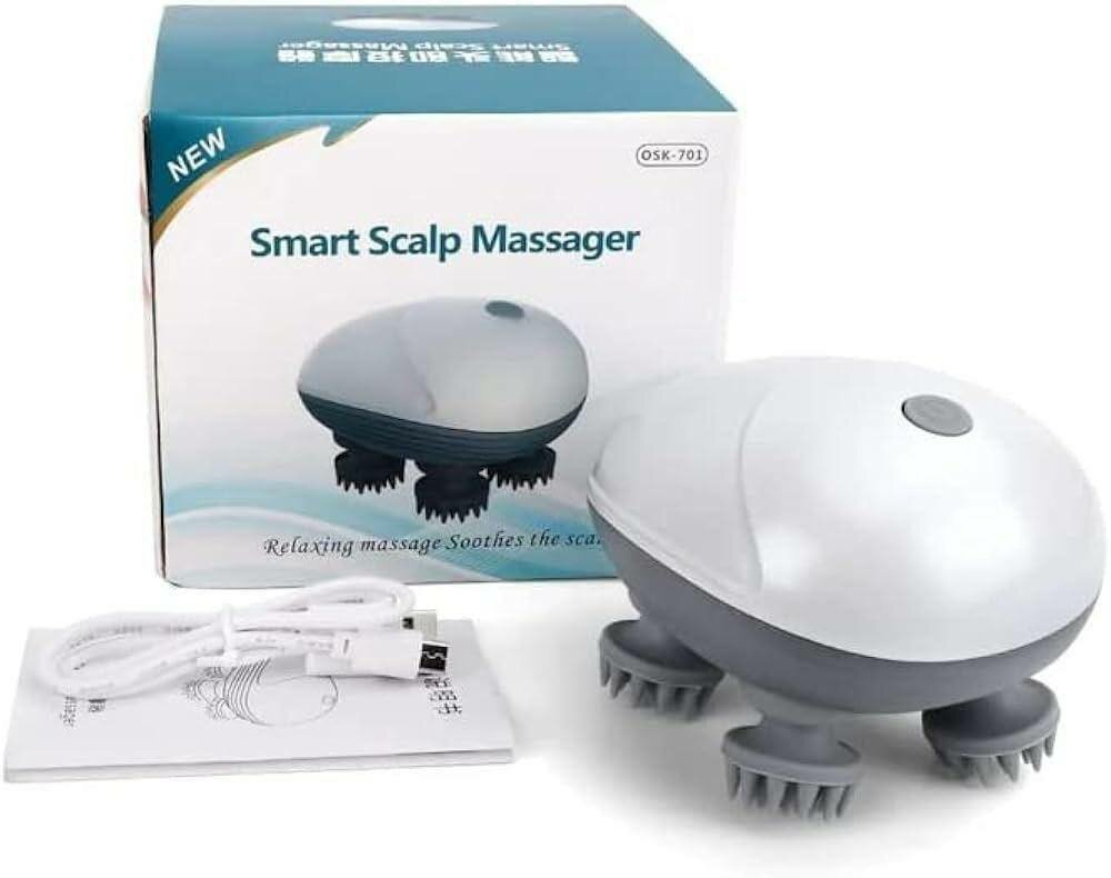 Массажёр для кожи головы Smart Scalp Massager OSK-701 — 4 массажные насадки, водостойкий, USB зарядка