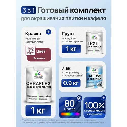 фото Комплект malare для окрашивания плитки и кафеля (1кг грунт + 1кг краска + 0,9кг лак), без запаха, полуглянцевый, цвет византия