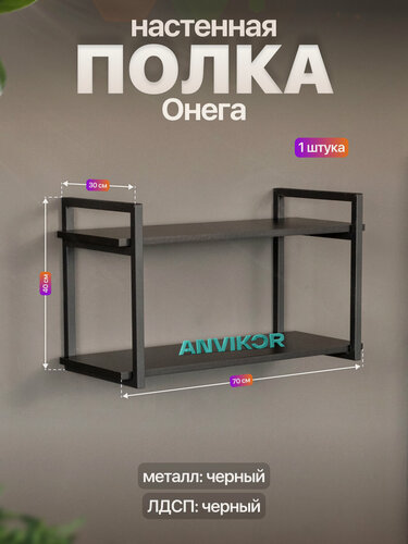 Изображение товара Настенная полка металлическая в стиле лофт ЛДСП Онега черный/черный