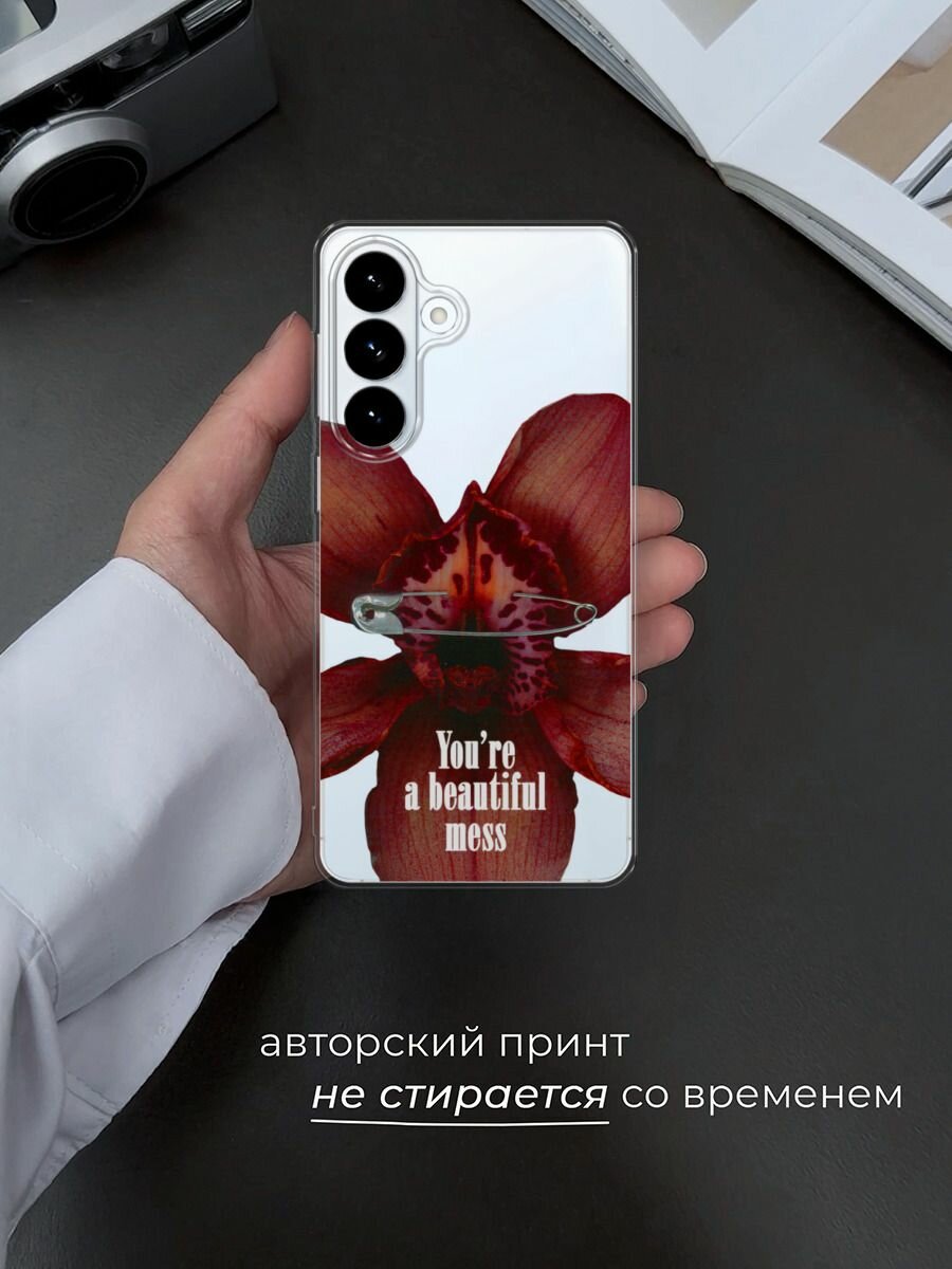 Чехол на Samsung S26 Plus / Самсунг S26 Плюс с принтом Красная орхидея с булавкой 3, прозрачный — фото 1