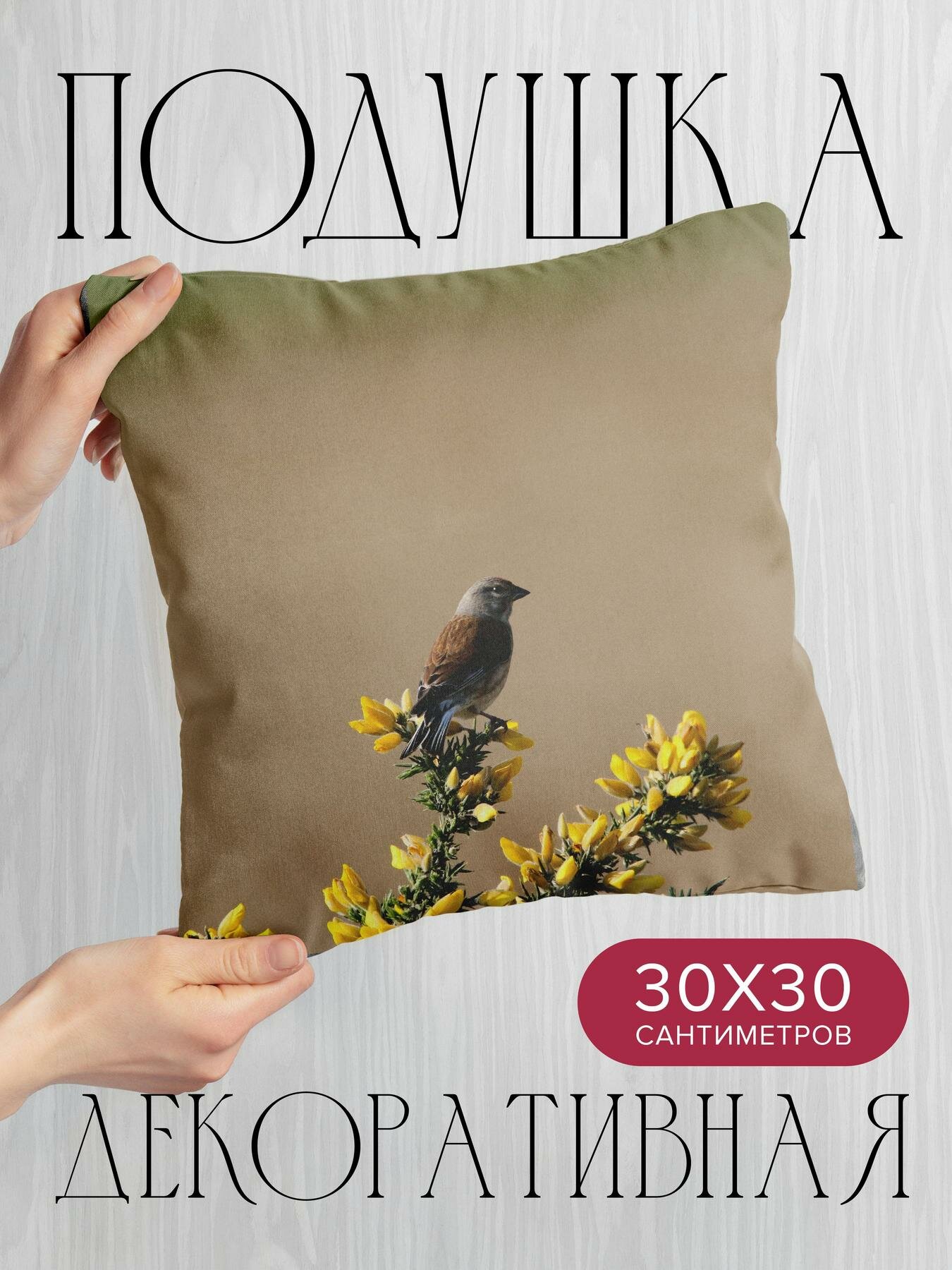 Подушка декоративная, 30x30см / Животные / коноплянка / птица