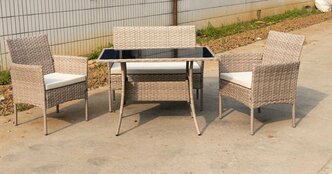 Комплект садовой мебели Full Comfort - SHARK из искусственного ротанга (обеденный стол, диван, 2 кресла) светло-серый