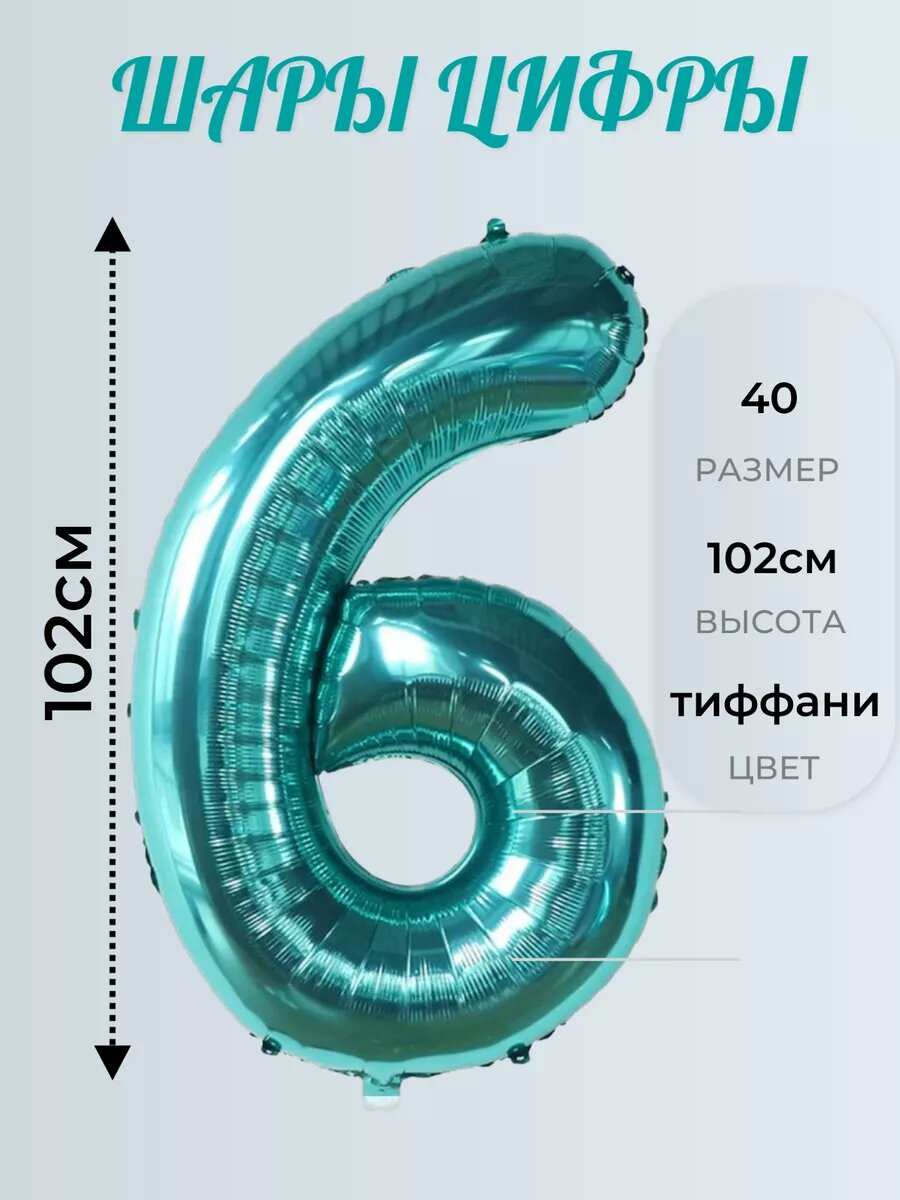 Воздушный шар цифра 6 шестерка, цвет Тиффани, фольгированный 40/102 см