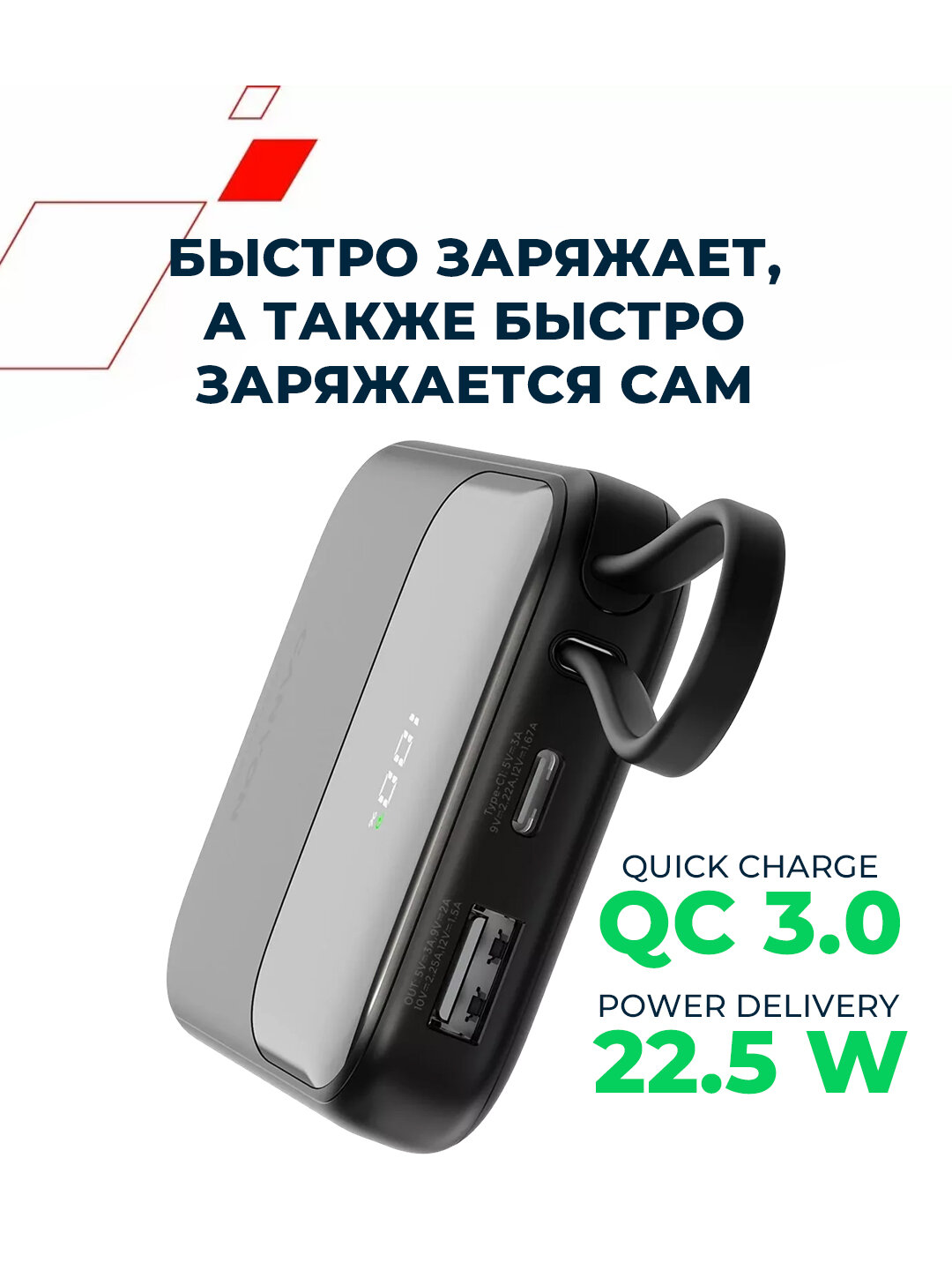 Внешний аккумулятор CANYON power bank 10000 OnPower 101, быстрая зарядка , со встроенным кабелем — фото 1