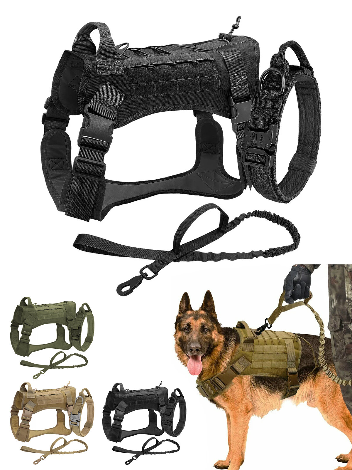 Шлейка тактическая для собак средних пород с поводком и ошейником, чёрная
