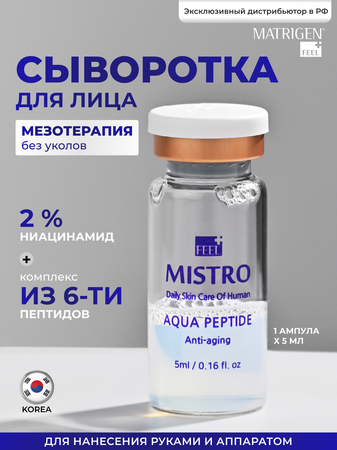 Matrigen Mistro Aqua Peptide увлажняющая сыворотка для лица с пептидами , под мезороллер и дермапен, 1 ампула х 5 мл