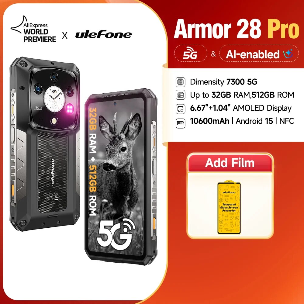 Ulefone Armor 28 Pro 5G AI защищенный телефон 10600 мАч 6,67”AMOLED 64 МП смартфон 512 ГБ ПЗУ 120 Вт Android 15 мобильный телефон