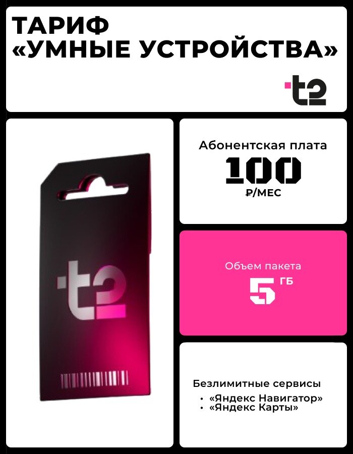 Сим карта Теле2, безлимитный Яндекс , 5+5 ГБ, 100р/мес. для часов, телефона. планшета.