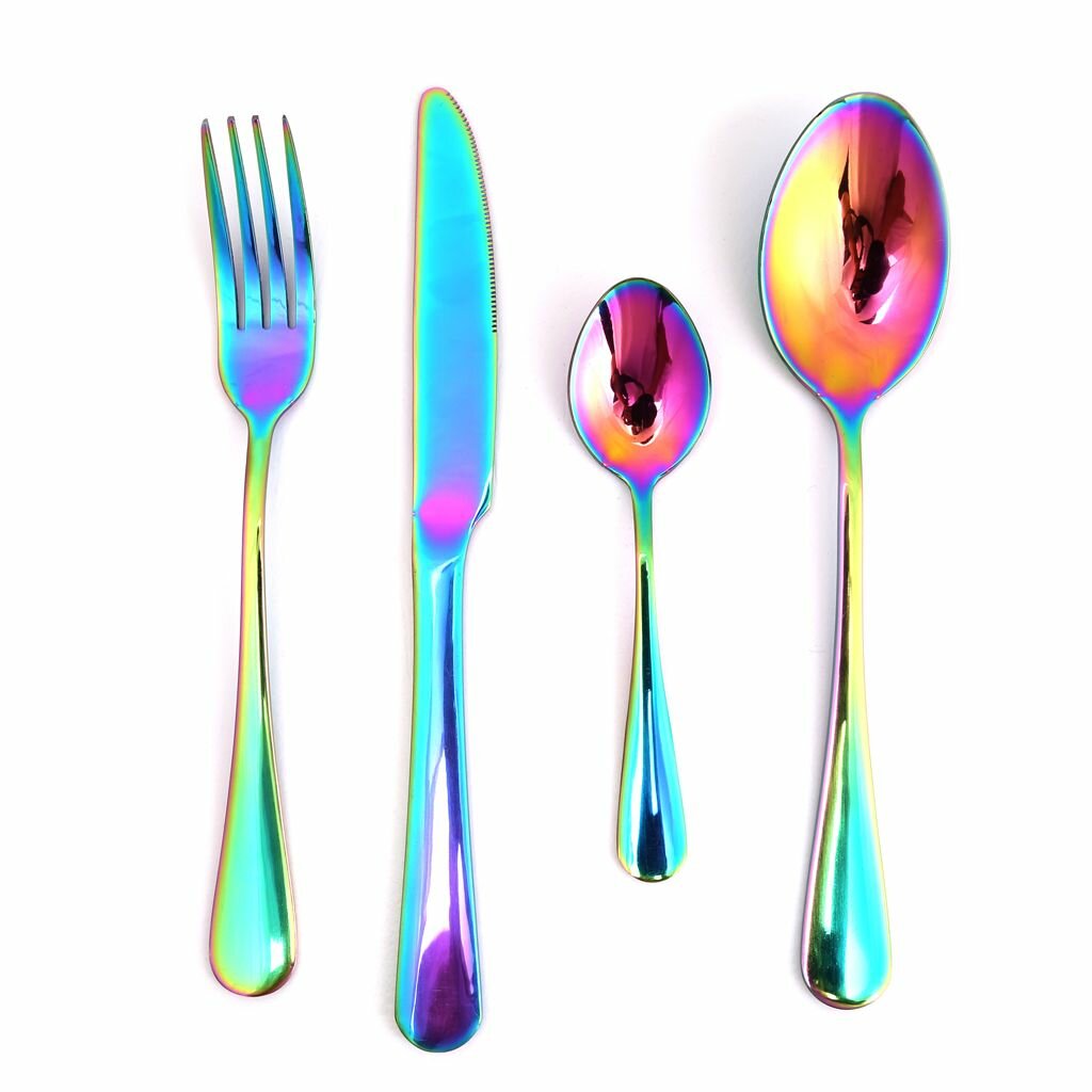Набор столовых приборов из нержавеющей стали 4 предмета с разноцветными ручками для дома и ресторана стильные и удобные вилка ложка нож чайная ложка