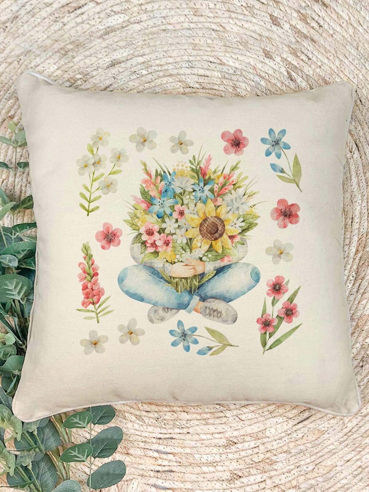 Наволочка для декоративной подушки Gerasim "Обнимашки с букетом", 41х41 см, эко-ткань хлопок/полиэфир